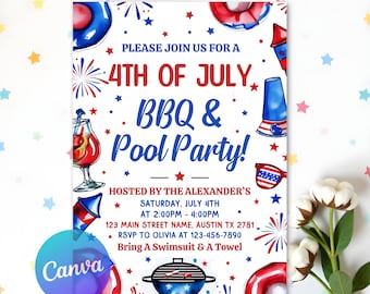 4th Of July BBQ Invitation, Party In USA Invite, Independence Day BBQ Barbeque Invite, July Fourth Food Friend and Firework, Editable Canva