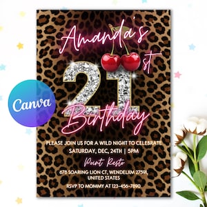 Può includere: Un invito con sfondo leopardato con il testo "Amanda's 21st Birthday". Il numero 21 è decorato con un design a forma di diamante e due ciliegie in cima. L'invito include i dettagli dell'evento e un logo Canva.