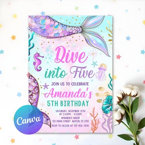 Dive into Five Mermaid Purple Teal 5th Mermaid Birthday Invitation, Little Mermaid Invite Editable Canva