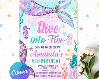 Invitación de cumpleaños de sirena para el quinto cumpleaños, color morado y verde azulado, invitación de La Sirenita editable en Canva