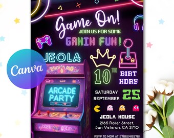 Invitación de cumpleaños temática de videojuegos arcade editable en Canva, invitación para fiesta de videojuegos retro, plantilla de cumpleaños de videojuegos digitales para niños