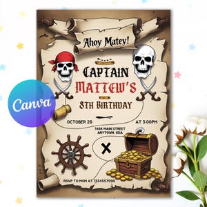 Può includere: Invito di compleanno a tema pirata con il testo "Ahoy Matey!" e "Captain Matthew's 8th Birthday." Il design include teschi e ossa incrociate, un forziere e un timone. Sono inclusi anche la data e l'ora.