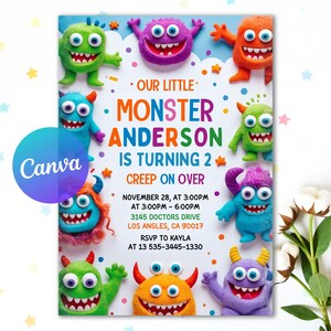 May include: A colorful birthday party invitation featuring cartoon monsters in various colors. The text reads "Our Little Monster Anderson is Turning 2" with event details. The Canva logo is visible in the corner.