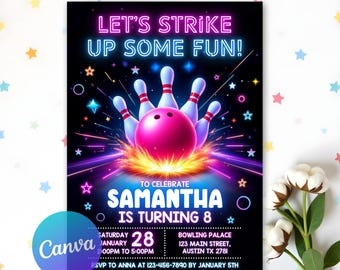 Invitación de cumpleaños para niña jugando a los bolos, invitación imprimible para fiesta de bolos en color rosa, diviértete, invitación para niña jugando a los bolos, Canva editable