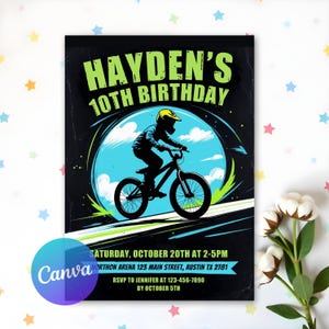Faire-part d'anniversaire vélo BMX, fête de vélo de montagne, chevauchée sur la fête, faire-part d'anniversaire vélo, faire-part d'anniversaire moto cross, modèle de toile