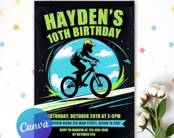 BMX Bike Birthday Invitation, Mountain Bike Party, Ride on Over Party, Bike Birthday Invitation,Dirt Bike Birthday Invitation,Canva Template