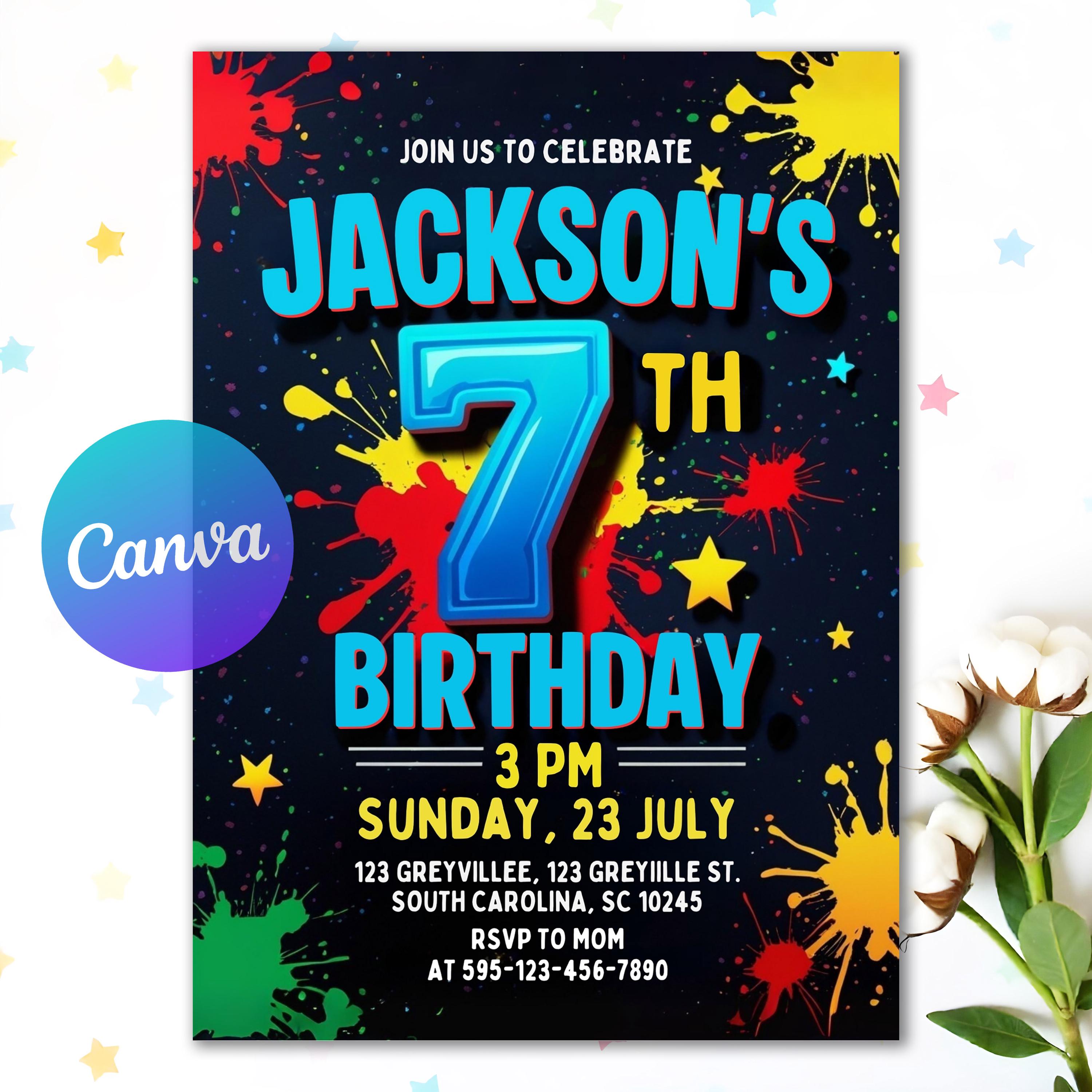 Boy Birthday Invitation, 7th Boy Birthday Invitation, Boy Birthday