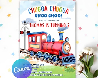 Editable Train Birthday Invitation Template, Chugga Chugga Choo Choo Invitation, All Aboard Boys Birthday Invite, Canva Template