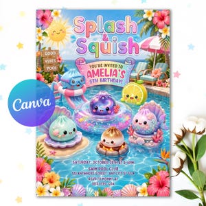 May include: A birthday invitation flyer titled Splash & Squish featuring cartoon characters in a swimming pool. Text includes Amelia's 5th birthday, Saturday, October 28th at 3-6pm, Swim Pool Club, 123 Anywhere Street, Any City ST 1234, and RSVP (813) 555-1234.