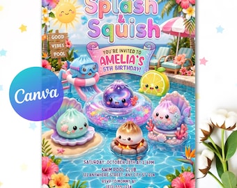 Invitation d'anniversaire sur le thème des raviolis à la piscine, Invitation d'anniversaire kawaii avec des raviolis, Fête à la piscine toute douce, Fête de natation estivale, Modèle Canva modifiable