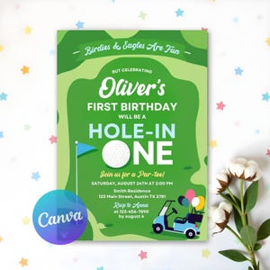 Golf Birthday Invitation, Let&#39;s Par tee Birthday Invitation, Hole In One First Birthday Invite, Golf Par-Tee First Birthday, Editable Canva