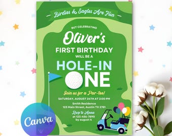 Golf Birthday Invitation, Let's Par tee Birthday Invitation, Hole In One First Birthday Invite, Golf Par-Tee First Birthday, Editable Canva