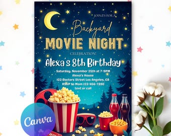 Invitación editable para fiesta de cumpleaños con película en el patio trasero, invitación para fiesta de cumpleaños con película digital, cumpleaños de película, invitación para fiesta de cumpleaños