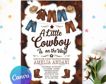 Cowboy Baby Shower, A Little Cowboy Baby Shower Invitation, Wild West Baby Shower Invite, Brown Cowboy Baby Shower, Instant Download
