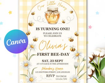 Bee First Birthday Invitation Set, Floral Bee Birthday Invite, Honey 1st Bee Day Birthday Evite, Bumblebee First Birthday Invitation