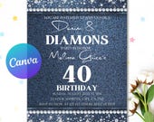 Denim and Diamonds Birthday Invitation, Denim Birthday Dinner Invites, Luxury Invitation, Editable Canva Template, Digital Download