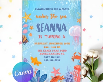 Editable Under The Sea Birthday Party, Ocean Animals Party Invite Template, Printable Watercolor Under the Sea Invite, Octopus Sea Invite