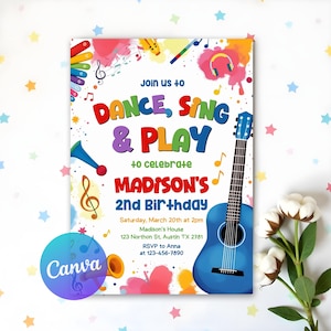 Invitación editable para fiesta de cumpleaños con música, fiesta de cumpleaños con instrumentos musicales para niños, canta, baila y juega, plantilla de invitación de cumpleaños para niños
