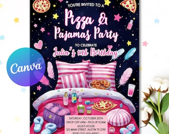 Editable Pizza and Pajamas Birthday Invitation, Sleepover Birthday Invitation, Slumber Party, Pajama Party, Movie Night Party Canva Template