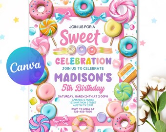 Editable Sweet Celebration Birthday Invitation, Candy Land Invitation, Candy Birthday Party Invitation, Editable Canva Template