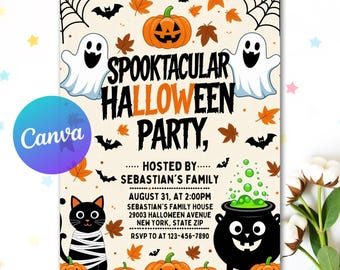 May include: A Halloween party invitation with a cream background, featuring a black cat wrapped in bandages, pumpkins, bats, ghosts, and a cauldron. The text reads "Spooktacular Halloween Party" with event details.