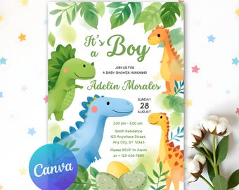 Edytowalne zaproszenie na baby shower z motywem dinozaura, zaproszenie na baby shower z motywem dinozaura, zaproszenie na pierwsze urodziny dinozaura, impreza z dinozaurem, szablon Canva