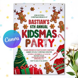 Op de afbeelding: Kerstfeestuitnodiging met de tekst "KIDSMAS PARTY". De uitnodiging bevat peperkoekenmannetjes, kerstbomen en cadeauverpakkingen. Het evenement vindt plaats in Bastian's House op 23 december.