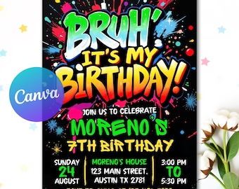 Bruh It's My Birthday Invitation, Any Age Editable Template, Printable Neon Bday Card, Digital Party Invite, Instant Download