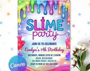 Slime Birthday Invitation, EDITABLE Neon Glow Slime Party Invite Template, Girl Birthday Party, Glitter Slime Time, Canva Template