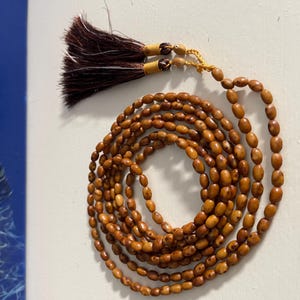 May include: A long strand of brown wooden beads with two brown tassels on the ends. The beads are oval shaped and have a natural wood finish.