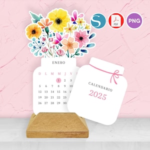 Calendario Floral 2025 | Calendario de escritorio imprimible, frasco con flores | DIY