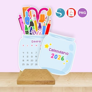Calendário para impressão atualizado de 2026 | ESPANHOL | Calendário de mesa, pote com lindos artigos de papelaria | Faça você mesmo
