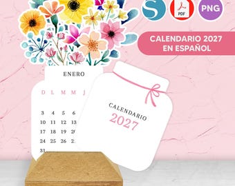 May include: A 2027 calendar in Spanish featuring a watercolor floral arrangement of yellow, pink, and blue flowers. The calendar pages are shaped like jars, with one page showing the month of Enero and the other labeled Calendario 2027.