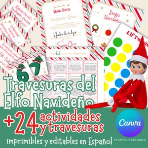 Puede incluir: Un conjunto de plantillas imprimibles de actividades para el elfo navideño con bordes de rayas rojas y blancas, incluyendo un certificado, bingo y planificador. Un muñeco de elfo de peluche con traje y gorro rojo aparece a la derecha.