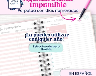 May include: A spiral-bound daily planner with pink and white lined pages featuring sections for income, expenses, priorities, and meal planning. The text includes "Agenda Diaria Imprimible", "Ingresos y Gastos", "Ánimo", "Prioridades", "Por Hacer", and "Planeador de Menú".