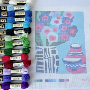 Modern needlepoint/tapestry kit | 13 count Zweigart canvas | Oriental floral design | 8x10 inches | Complete kit with DMC wool