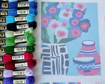 Modern needlepoint/tapestry kit | 13 count Zweigart canvas | Oriental floral design | 8x10 inches | Complete kit with DMC wool