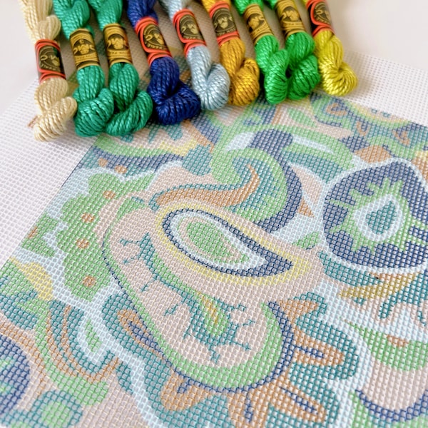 Modern needlepoint/tapestry kit |  Boho paisley design | 14 count printed Zweigart canvas | Complete kit with cotton or DMC pearl threads