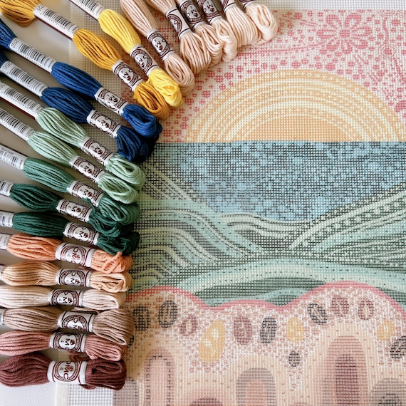 Modern needlepoint/tapestry kit designed by Indigenous Australian artist | Australian landscape design | 13 count Zweigart printed canvas