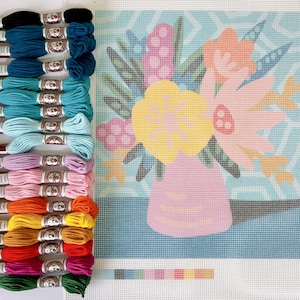 Modern needlepoint/tapestry kit - Bright floral design | 12 or 13 count canvas | Complete needlepoint kit with DMC wool or cotton threads