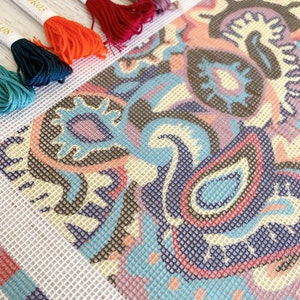 Modern tapestry/needlepoint kit | Boho design - Winter paisley | Blue | 13 count Zweigart printed canvas
