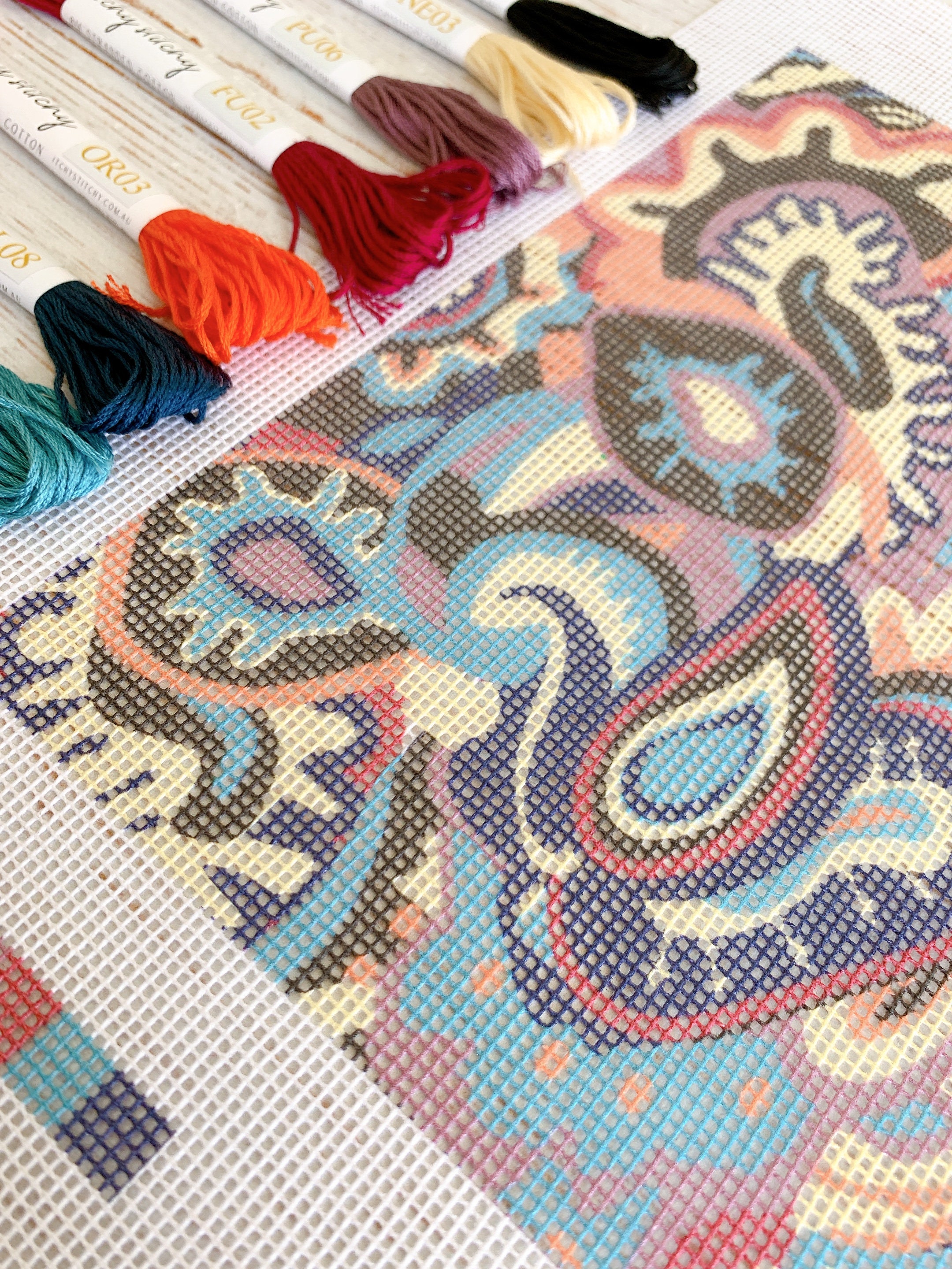 Modern tapestry/needlepoint kit | Boho design - Winter paisley | Blue | 13 count Zweigart printed canvas