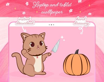Fondo de pantalla para iPad con gato de Halloween, rosa y marrón (descarga digital)