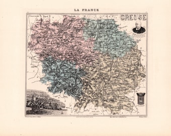 Old map of the Creuse – Migeon Atlas 1897 – 19th-century decorative engraving – Guéret, Aubusson, La Souterraine, Bourganeuf