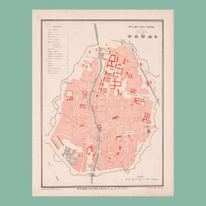 Ancien plan de Douai (1880) / Pièce authentique / 31 cm x 23,2 cm