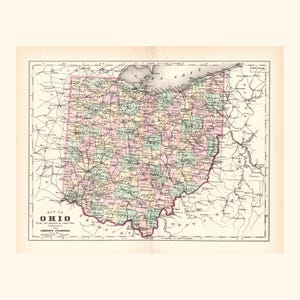 Antique Map of Ohio (1896 Vintage Steel Engraving) / Ancienne carte de l'Ohio (1896)