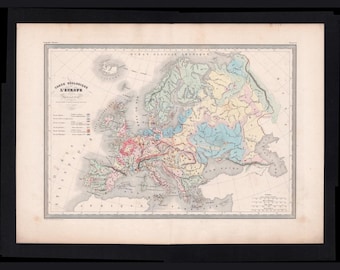 1850s Geological Europe Map Malte-Brun Garnier – Large Double Page Antique Print