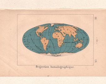 19th Century Scientific Engraving – “Homalographic Projection” – Cosmography Atlas (1880)