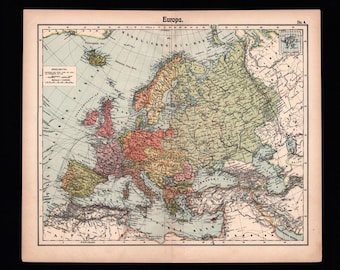 c. 1900 Europe Antique Map Herkt – Original Leipzig Color Print Europa