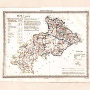 Peut inclure: Carte ancienne des Alpes, intitulée "Alpes Hautes", présentant des informations géographiques détaillées. La carte comprend du texte, des routes et des détails d'altitude, avec une palette de couleurs marron, bleu et rouge. La carte est encadrée d'une bordure décorative.